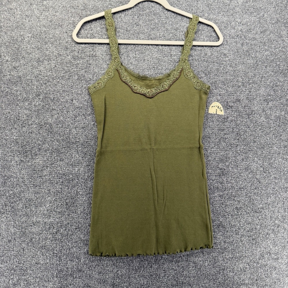 Y2K Tank Top Womens L Green Ribbed Lace Trim Cami Sleeveless Fitted 90s Grunge